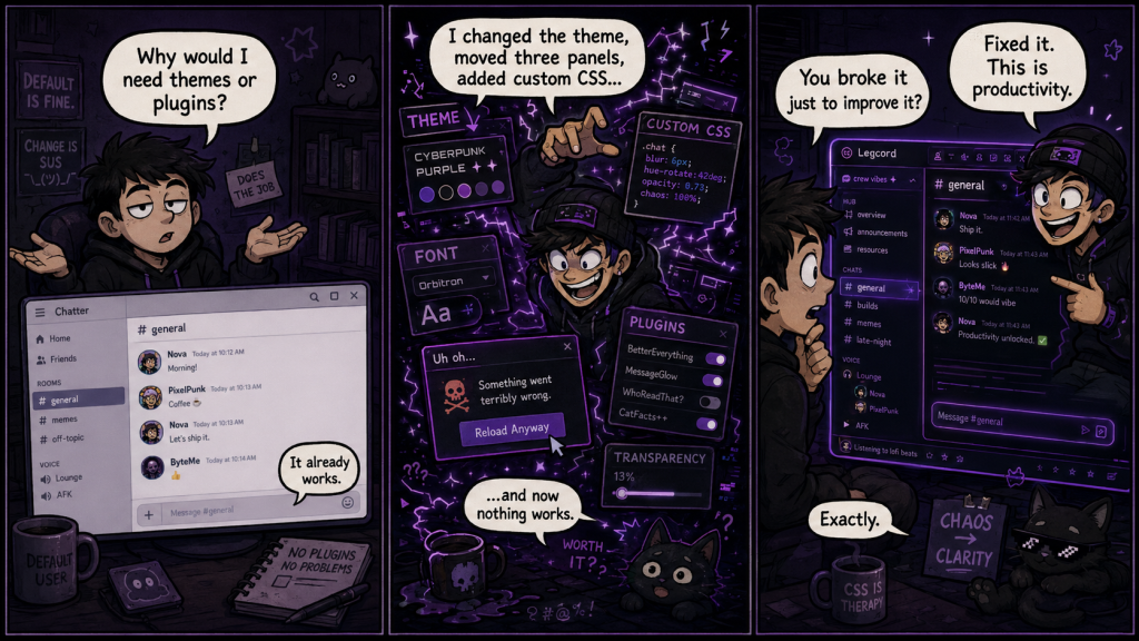 Three-panel comic strip about Legcord customisation, contrasting a user happy with a basic chat app and a power user who adds themes, plugins, and custom CSS until it breaks, then fixes it.