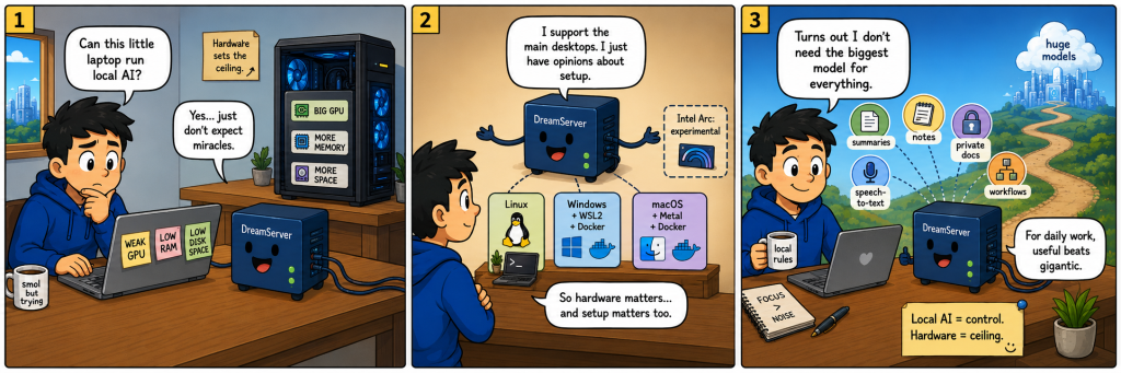Three-panel comic about DreamServer, showing weak hardware limits, supported platforms, and useful local AI tasks that do not need huge models.