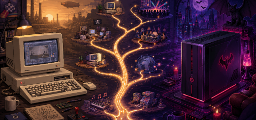 Pixel-art featured image showing the Amiga’s branching future, with a classic beige computer on one side and a dark Apollo Vampire-style lair on the other, linked by glowing paths.