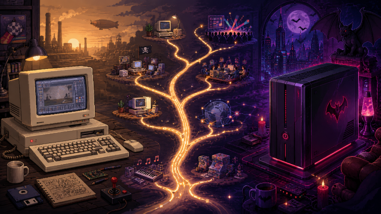 Pixel-art featured image showing the Amiga’s branching future, with a classic beige computer on one side and a dark Apollo Vampire-style lair on the other, linked by glowing paths.