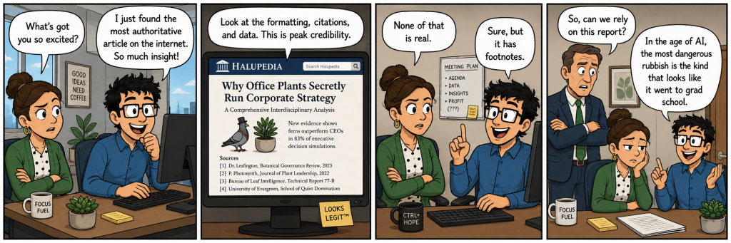 Four-panel office comic about a fake AI encyclopedia that looks authoritative, has citations and formatting, but is completely made up.
