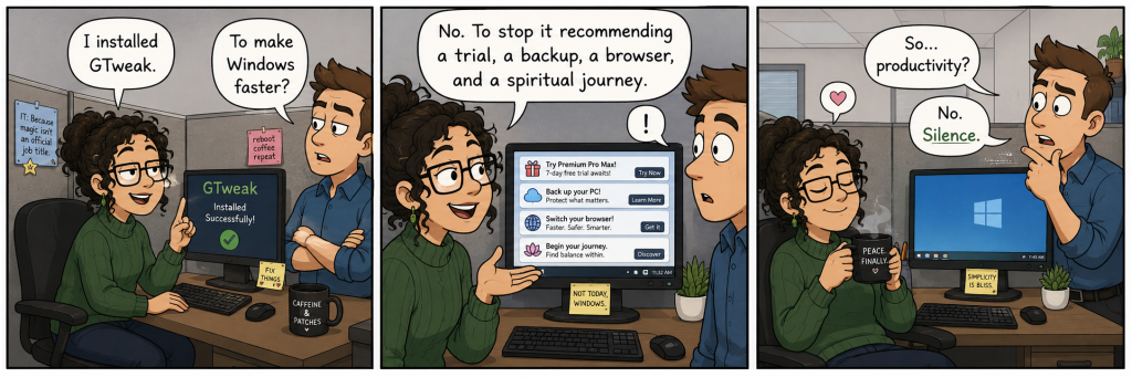 Three-panel GTweak comic about stopping Windows pop-ups