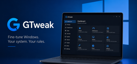 GTweak featured image with laptop and Windows-style interface