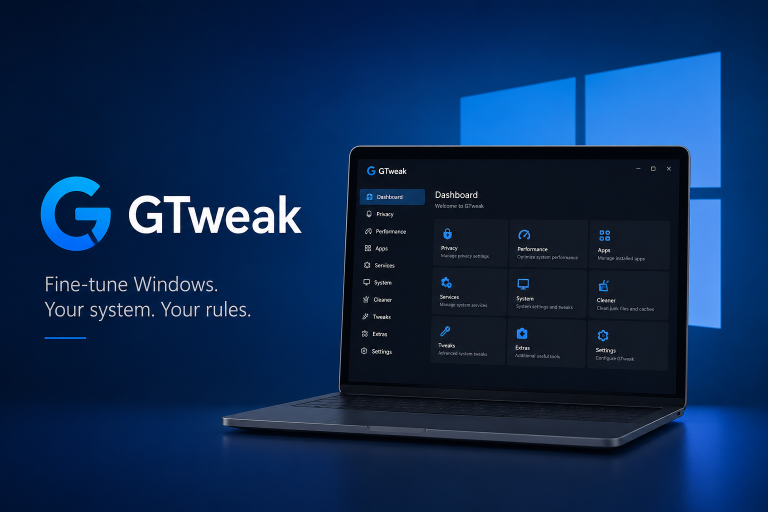 GTweak featured image with laptop and Windows-style interface