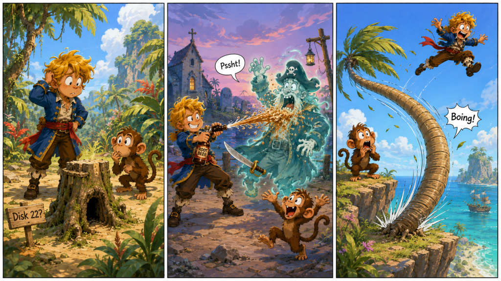 Bright three-panel pirate comic showing a confused hero finding a “Disk 22?” stump, blasting a ghost pirate with root beer, and bouncing off a rubber tree.
