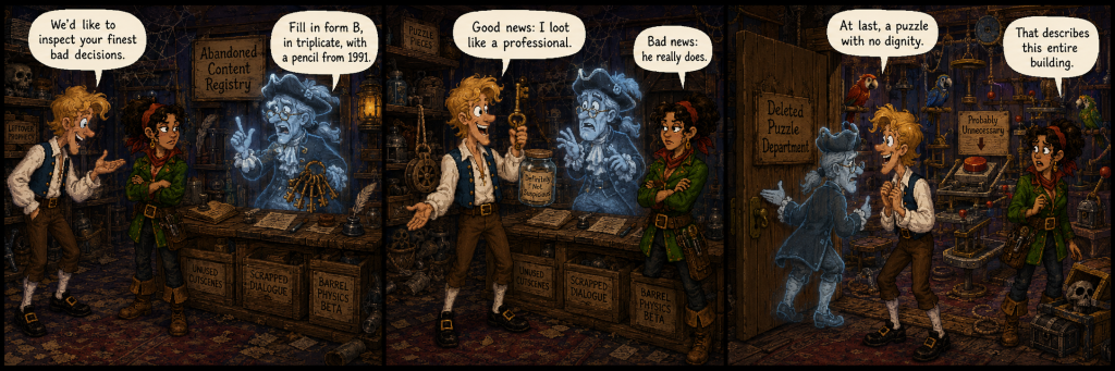 Three-panel comic strip showing two adventurers meeting a ghost archivist who guards shelves of unused cutscenes, scrapped dialogue, puzzle pieces, and deleted game content.