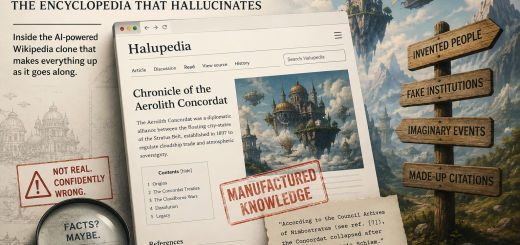 Magazine-style illustration of a fake AI encyclopedia page surrounded by invented facts, fake citations, and surreal floating cities.
