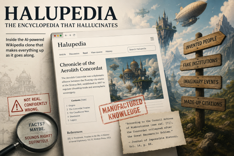 Magazine-style illustration of a fake AI encyclopedia page surrounded by invented facts, fake citations, and surreal floating cities.