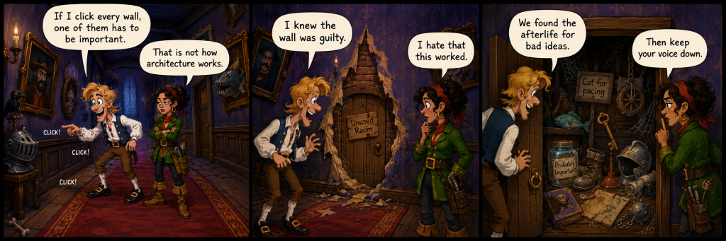 Three-panel comic strip showing two original point-and-click adventure characters discovering a hidden unused room behind mansion wallpaper after clicking every wall.