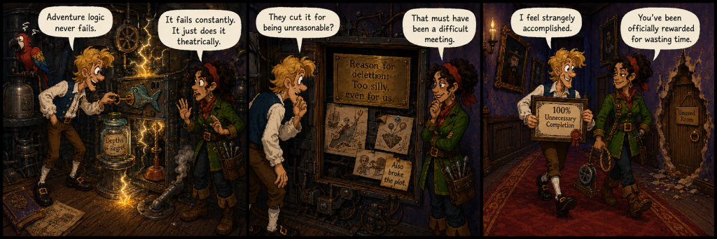Three-panel comic strip showing two adventurers solving an absurd deleted puzzle machine and receiving a certificate for unnecessary completion.