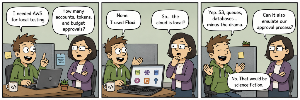Comic strip about using Floci for local AWS testing.