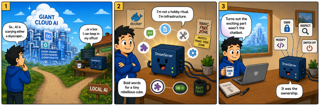 Three-panel comic comparing giant cloud AI with DreamServer and highlighting ownership, control, and local infrastructure.