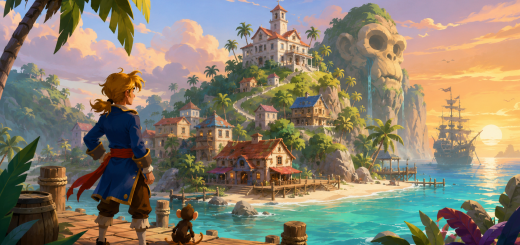 Bright cartoon-style pirate island scene with a young adventurer and monkey looking toward a tropical harbour, mansion, giant monkey-head rock, and distant ship at sunset.