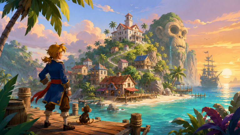 Bright cartoon-style pirate island scene with a young adventurer and monkey looking toward a tropical harbour, mansion, giant monkey-head rock, and distant ship at sunset.