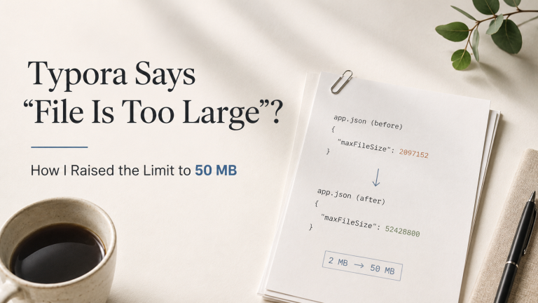 Typora featured image showing a clean paper-based design with the headline “Typora Says ‘File Is Too Large’?” and the subtitle “How I Raised the Limit to 50 MB,” alongside a printed before-and-after file size change from 2 MB to 50 MB.
