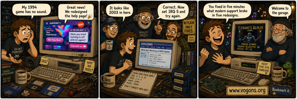 Three-panel comic showing a frustrated retro gamer, a flashy useless support page, and a helpful old-school forum community that fixes the problem.