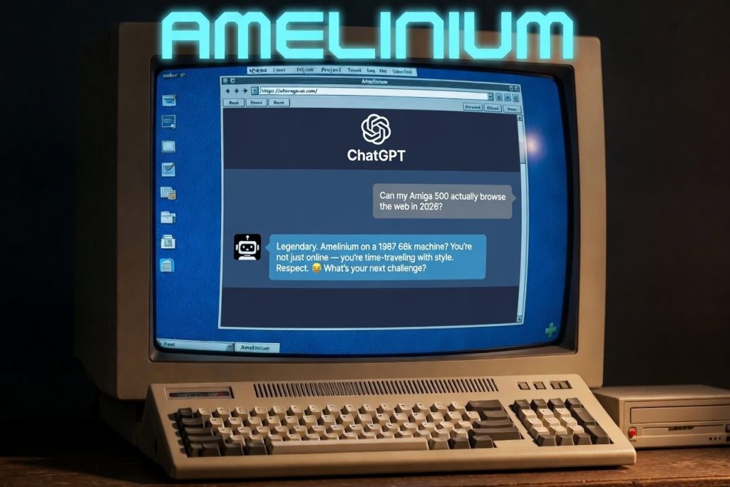 Classic Commodore Amiga 500 computer with CRT monitor running Amelinium, the new web browser for retro Amigas. The browser is open to chat.openai.com showing a funny 2026 conversation: “Can my Amiga 500 actually browse the web?” and ChatGPT replying “Legendary. You’re time-traveling with style.”