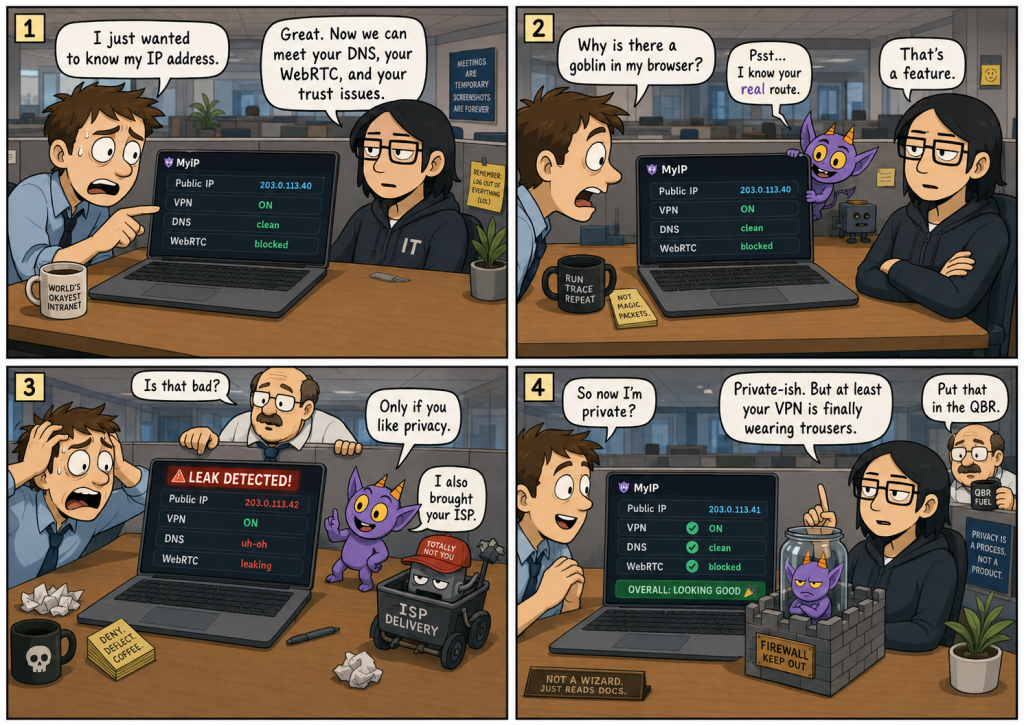 Four-panel comic: worried user checks MyIP tool with VPN on; purple goblin leaks WebRTC/DNS; ISP "delivery" arrives; goblin jailed in firewall as IT shrugs "private-ish."