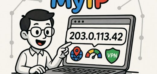 Friendly cartoon guy pointing at laptop displaying MyIP with IP address, globe, speedometer, and VPN shield.