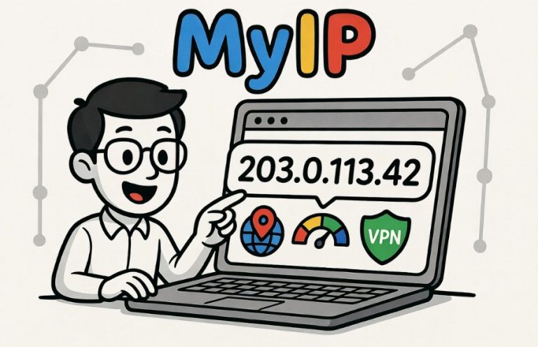 Friendly cartoon guy pointing at laptop displaying MyIP with IP address, globe, speedometer, and VPN shield.