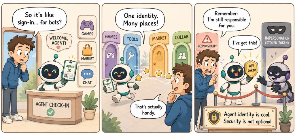 Three-panel comic showing an AI agent using one identity to access games, tools, markets, and collaboration spaces, while a human worries about responsibility, stolen tokens, and impersonation.