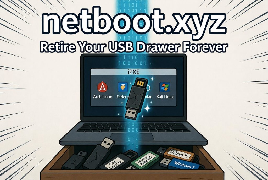 netboot.xyz manga style – glowing USB stick transforming into iPXE boot menu to retire old USB drawer