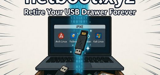 netboot.xyz manga style – glowing USB stick transforming into iPXE boot menu to retire old USB drawer
