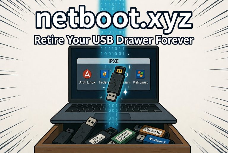 netboot.xyz manga style – glowing USB stick transforming into iPXE boot menu to retire old USB drawer