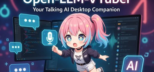 Alt text: Cute anime-style VTuber girl with pink and blue hair floating happily in front of a laptop, speaking with animated expression. Text overlay reads "Open-LLM-VTuber: Your Talking AI Desktop Companion". Vibrant futuristic tech background.