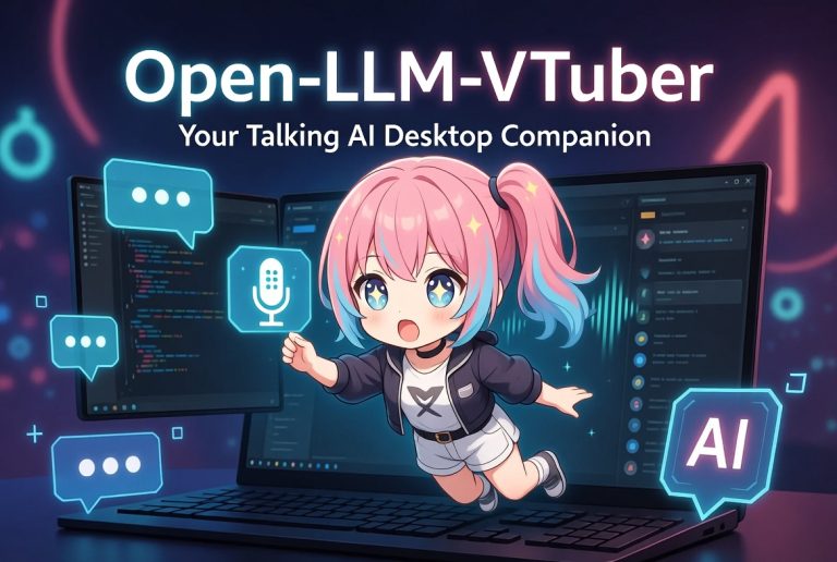 Alt text: Cute anime-style VTuber girl with pink and blue hair floating happily in front of a laptop, speaking with animated expression. Text overlay reads "Open-LLM-VTuber: Your Talking AI Desktop Companion". Vibrant futuristic tech background.