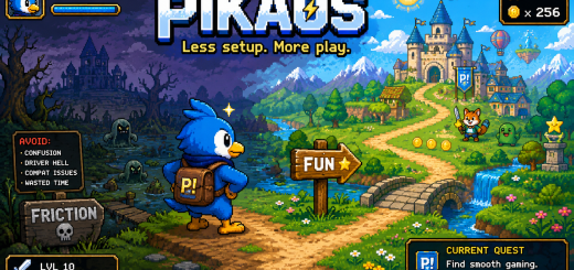 Pixel-art game scene with a blue bird mascot choosing the path from “Friction” toward “Fun,” with PikaOS branding and retro HUD elements.