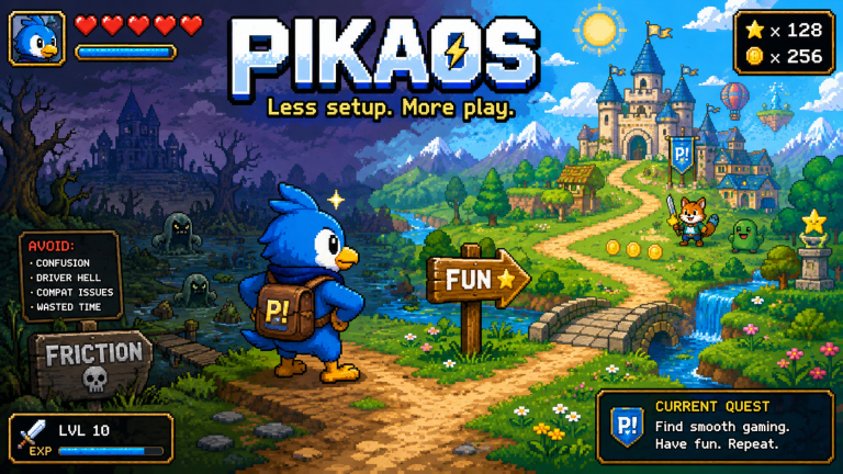 Pixel-art game scene with a blue bird mascot choosing the path from “Friction” toward “Fun,” with PikaOS branding and retro HUD elements.
