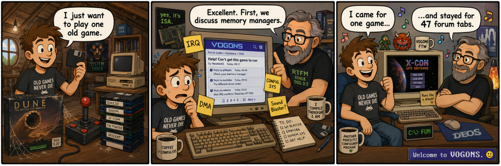 Three-panel comic about a gamer discovering VOGONS while trying to run one old PC game.