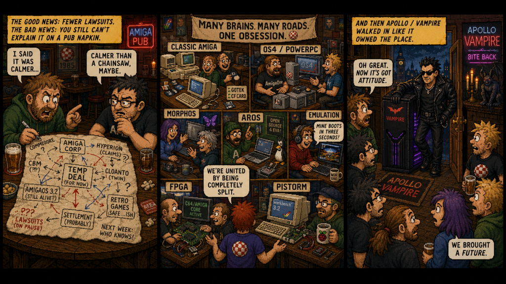 Three-panel pixel-art comic, showing a calmer-but-still-chaotic modern Amiga scene: two fans trying and failing to explain current legal arrangements on a pub napkin, a room full of rival Amiga camps and projects, and a dramatic Apollo Vampire entrance like a rock star walking into the pub.