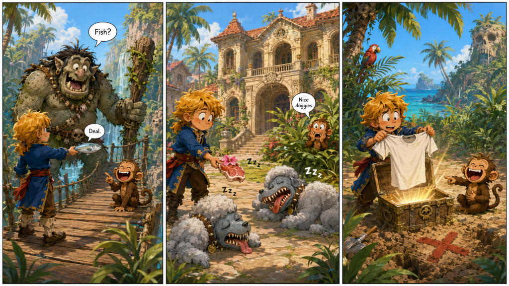 Bright three-panel pirate comic showing a hero trading a fish with a troll, calming piranha poodles with flowered meat, and discovering a T-shirt treasure.