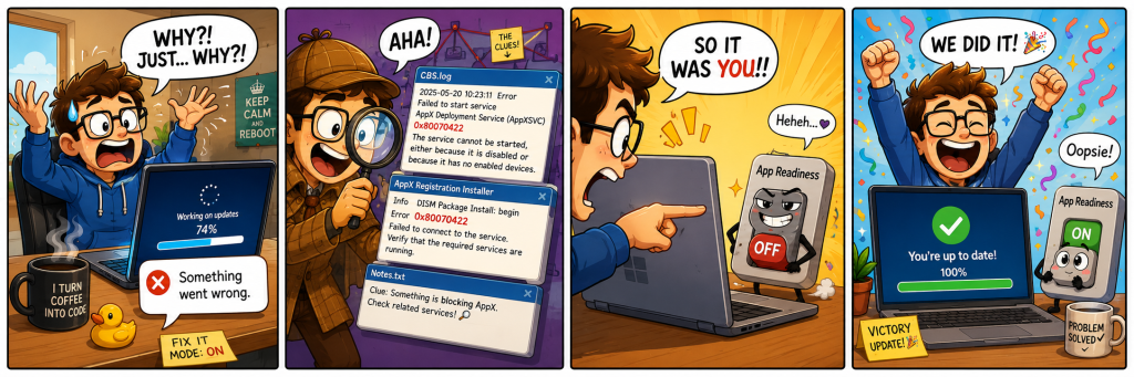 Four-panel cartoon comic showing a Windows update failing, a user investigating CBS logs, finding App Readiness switched off, then celebrating after turning it back on.