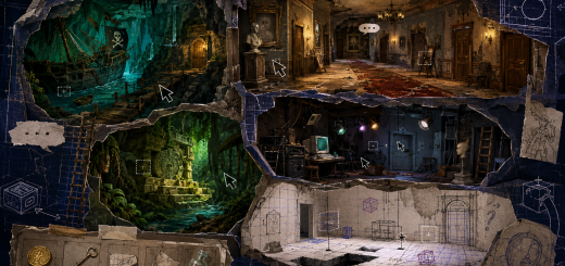 A layered diorama of secret point-and-click adventure game rooms, including a pirate cave, mansion corridor, jungle shrine, developer test room, and unfinished blueprint room with cursor icons and inventory items.