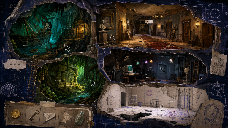 A layered diorama of secret point-and-click adventure game rooms, including a pirate cave, mansion corridor, jungle shrine, developer test room, and unfinished blueprint room with cursor icons and inventory items.