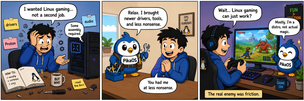 Three-panel comic where a stressed Linux gamer struggles with drivers, Proton, audio, and controllers before PikaOS helps simplify the setup.