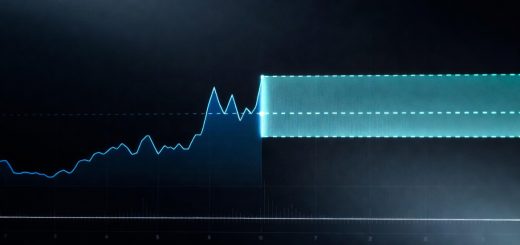 Line chart showing historical time series data in deep blue transitioning to a bright teal future forecast with confidence interval band on dark background