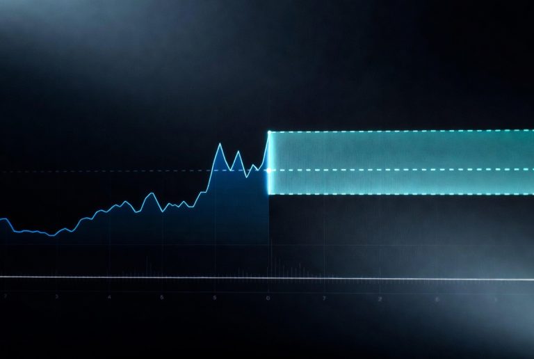 Line chart showing historical time series data in deep blue transitioning to a bright teal future forecast with confidence interval band on dark background