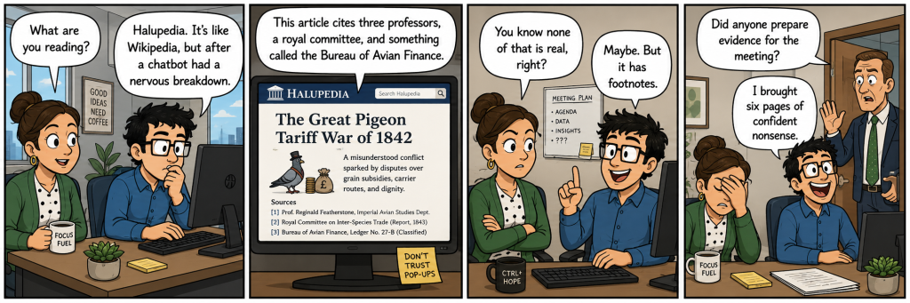 Four-panel office comic about a fake AI encyclopedia that invents scholarly articles, citations, and evidence with total confidence.