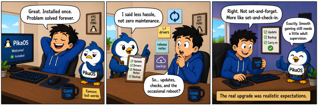 Three-panel comic where a gamer learns that PikaOS is easier to maintain, but not completely hands-off.