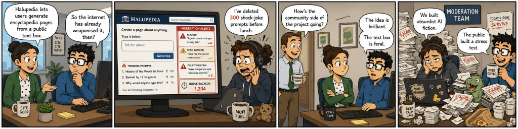 Four-panel office comic about Halupedia’s public text box being overwhelmed by bad prompts, spam, and moderation alerts.