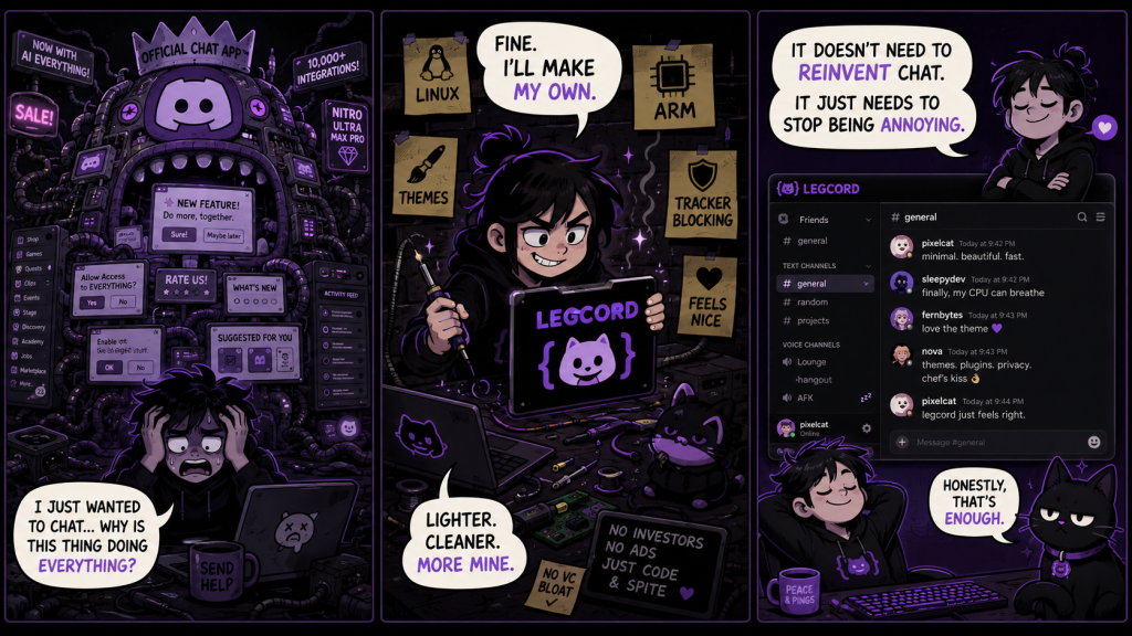 Three-panel comic strip about Legcord, showing a bloated official chat app, a developer making a lighter open-source alternative, and a happy user enjoying a cleaner customised experience.