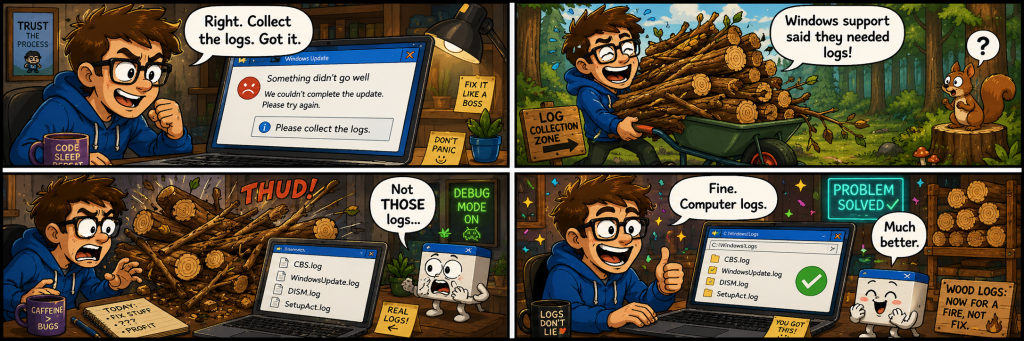 Four-panel cartoon comic showing a user misunderstanding “collect the logs” by gathering wooden logs, then learning to collect Windows troubleshooting log files instead.