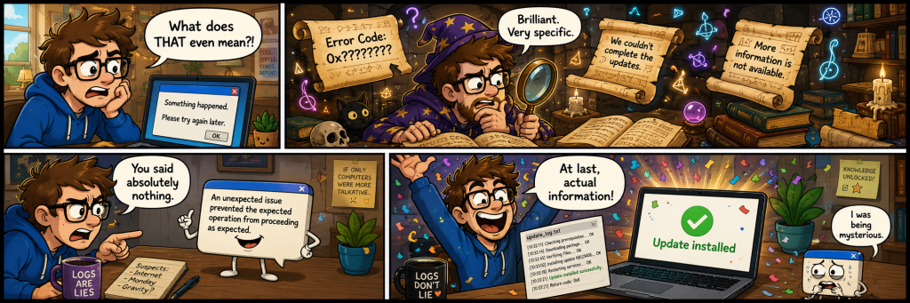 Four-panel cartoon comic showing a confused user trying to understand vague Windows Update error messages, interrogating an unhelpful dialog box, then celebrating after finding useful log information.