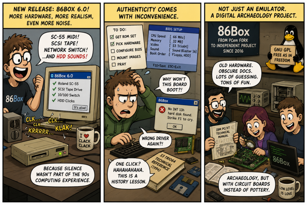 Three-panel comic about 86Box, retro PC setup problems and digital archaeology.