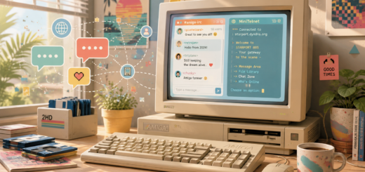 Bright retro Amiga computer setup displaying colorful IRC and MiniTelnet-style interfaces, surrounded by floppy disks, plants, chat bubbles, and playful network graphics.