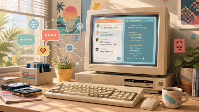 Bright retro Amiga computer setup displaying colorful IRC and MiniTelnet-style interfaces, surrounded by floppy disks, plants, chat bubbles, and playful network graphics.